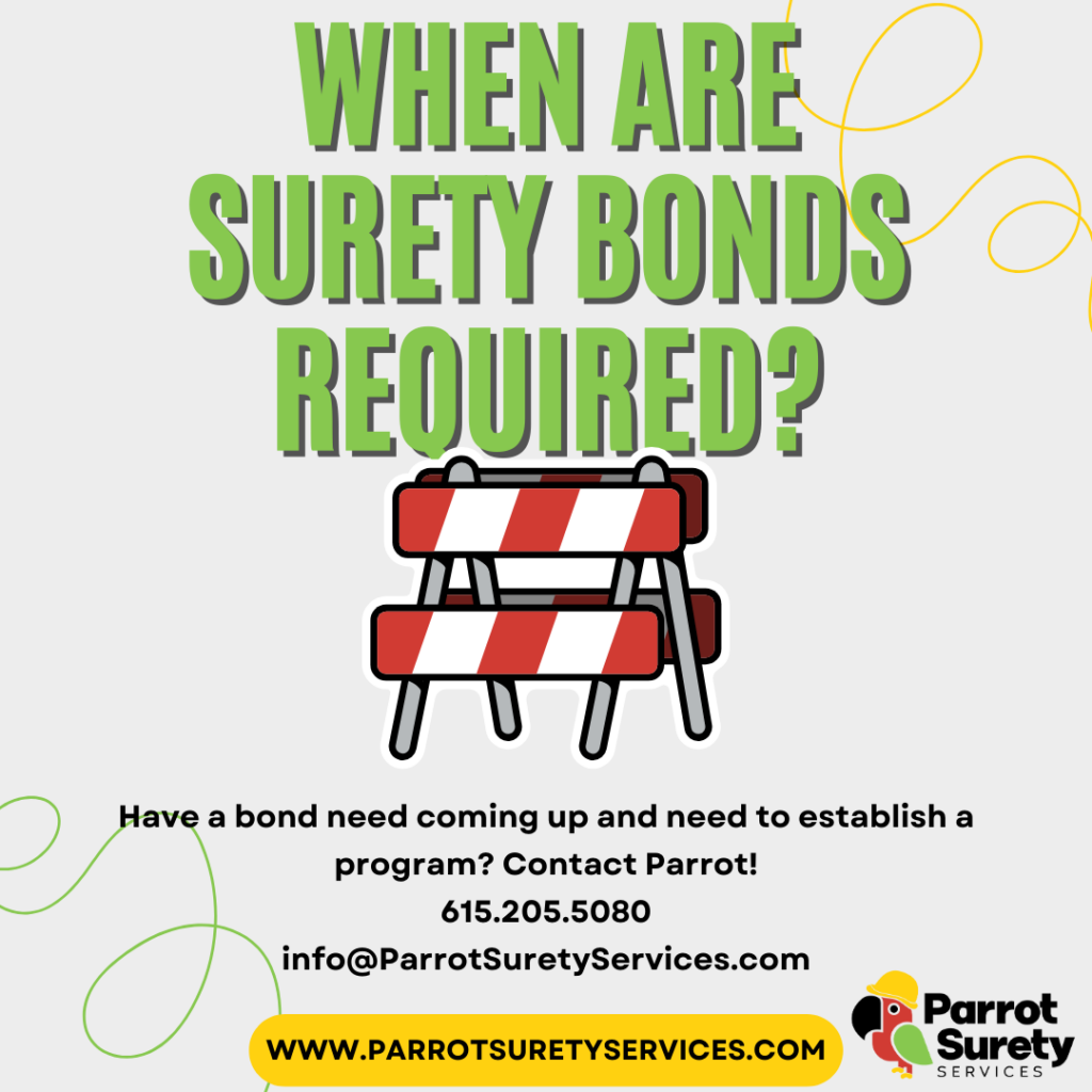 When are surety bonds required? Parrot surety services have a bond need?