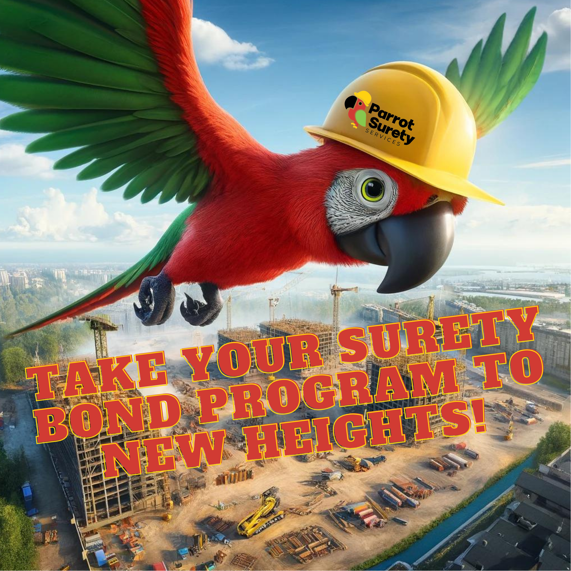 Red Parrot with green wings and a yellow construction helmet flying over a construction site with wording that says take your surety bond program to new heights